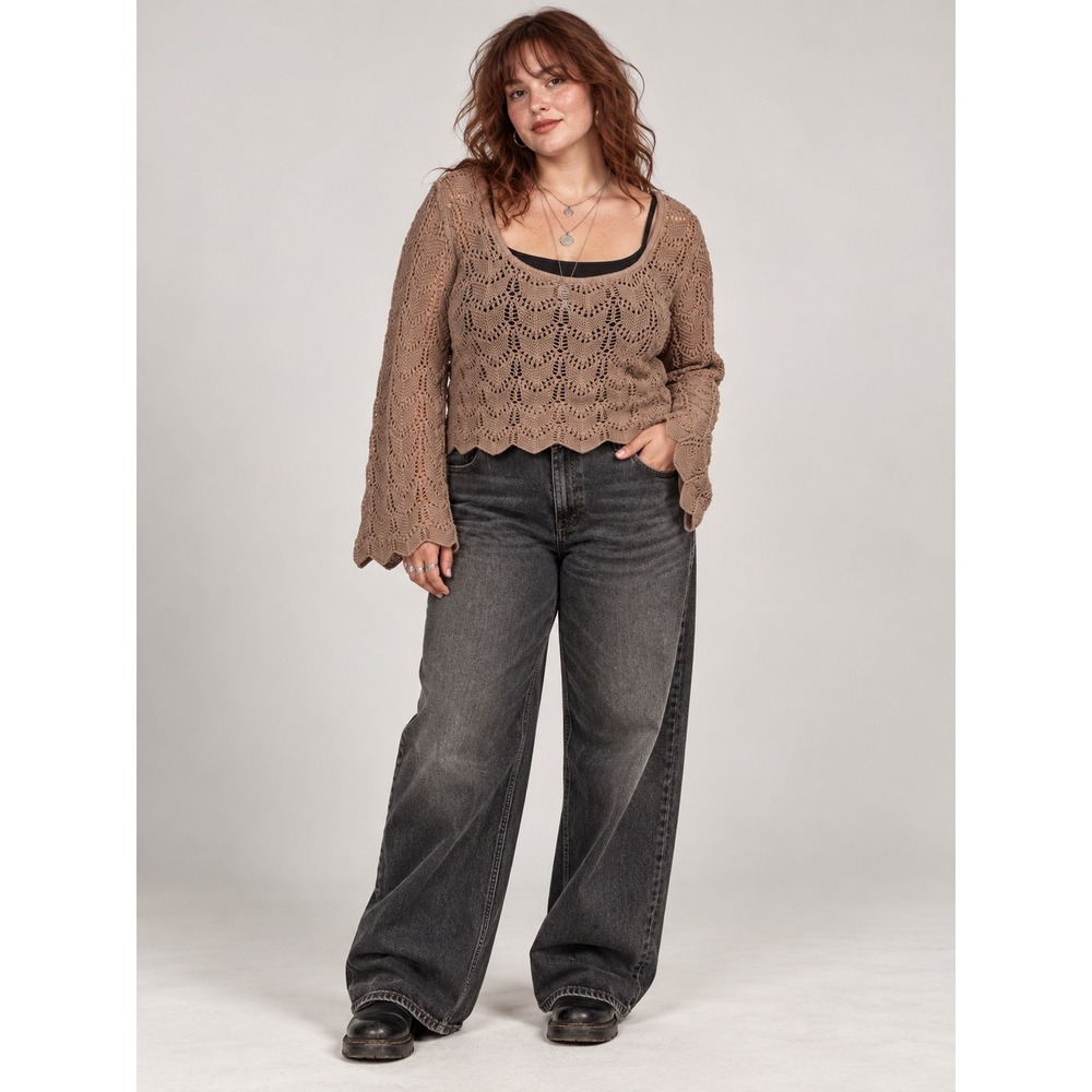 Boho Abercrombie Fitch Knit Crochet Tan Bell Sleeves Scoop Neck Crop XL Sweater